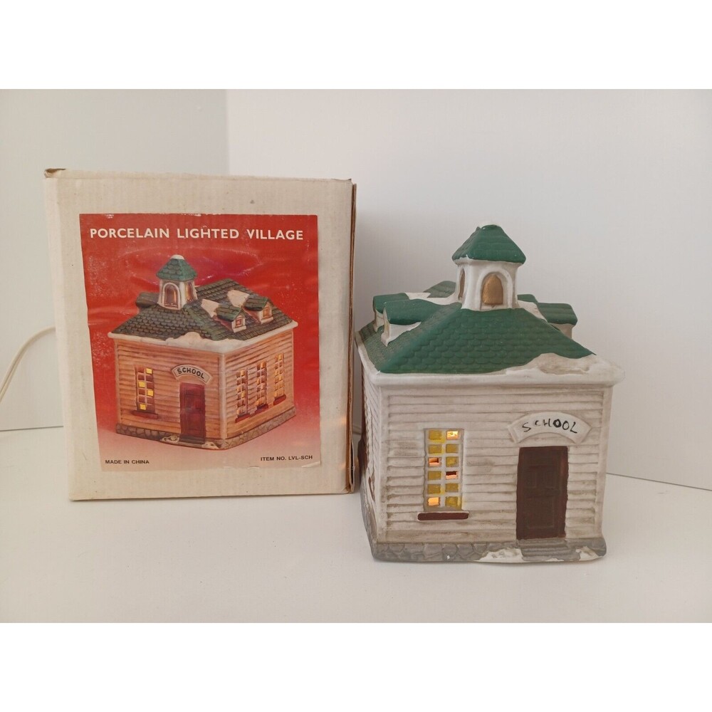 Christmas Porcelain Building 6" Lighted School LVL-SCH‎ W/Good Cord & Box VTG